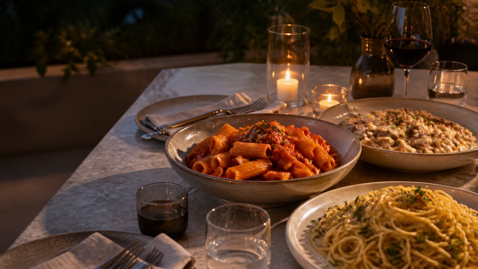 A shared table of pasta dishes in warm evening light