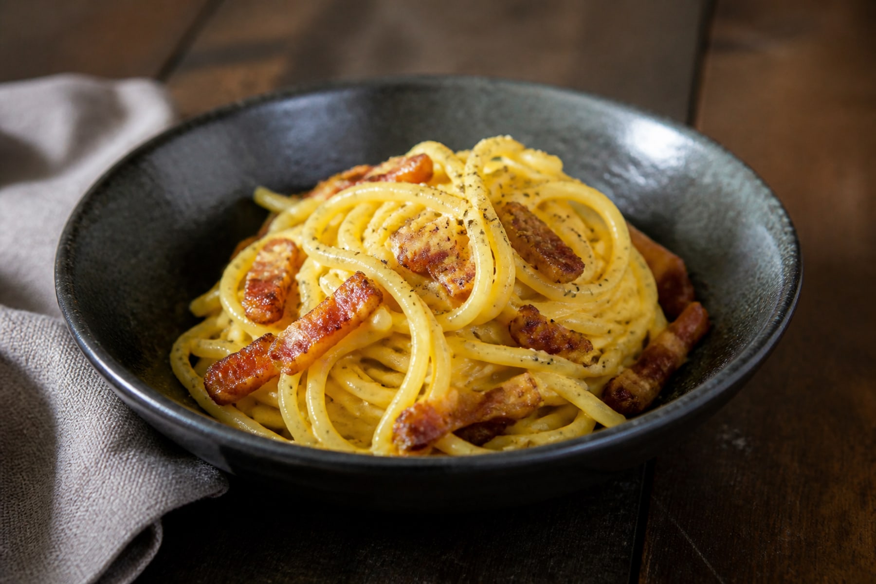 Glossy spaghetti carbonara with guanciale and black pepper in a dark ceramic bowl