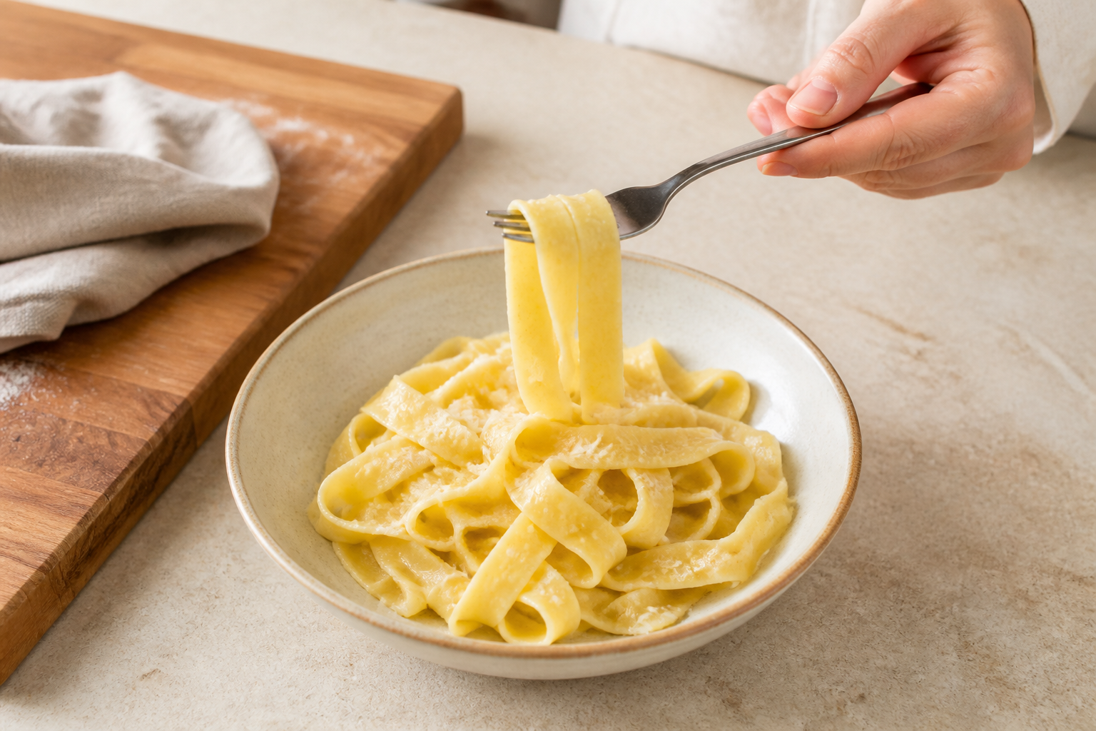 Fresh homemade tagliatelle with a delicate rough surface