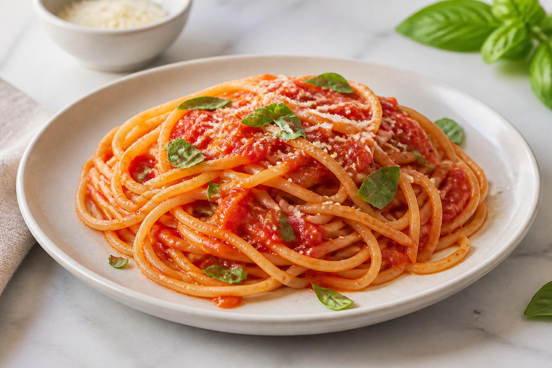 Spaghetti with tomato sauce, Parmesan and fresh basil on a pale stone table